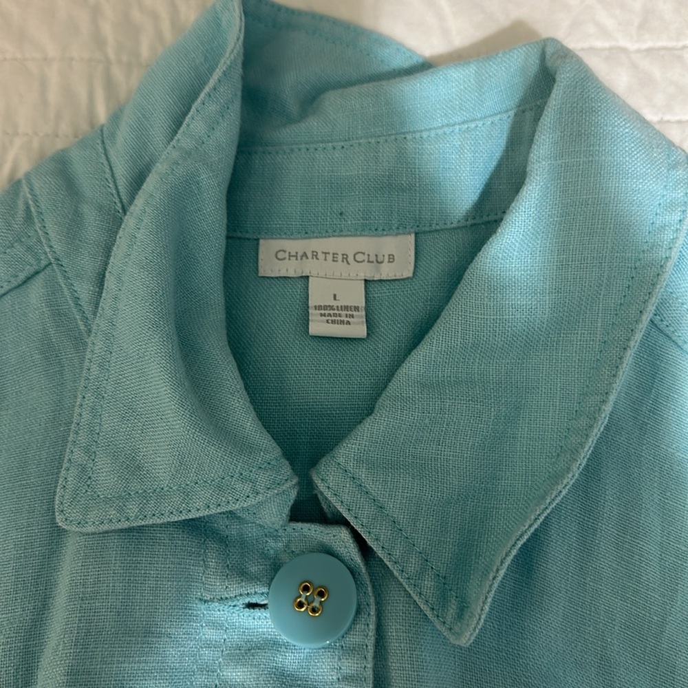 Charter Club Aqua Utility Jacket 100% linen Large vguc - Picture 2 of 7